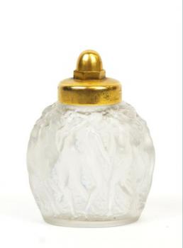 Flacon - gilded brass, pressed glass - Lalique - 1930 Flacon - gilded brass, pressed glass - Lalique - 1930